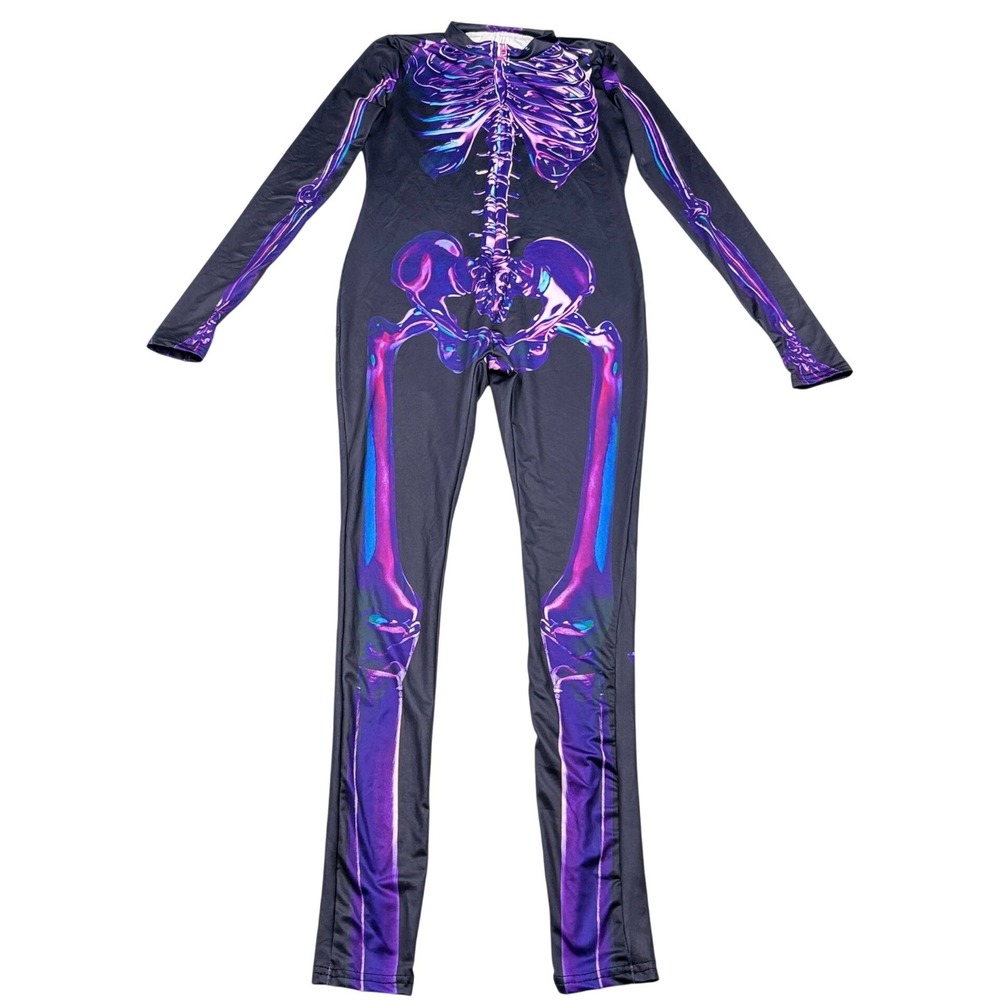 Purple Skeleton‎ Print Bodysuit Long Sleeve Halloween Costume Jumpsuit Medium
